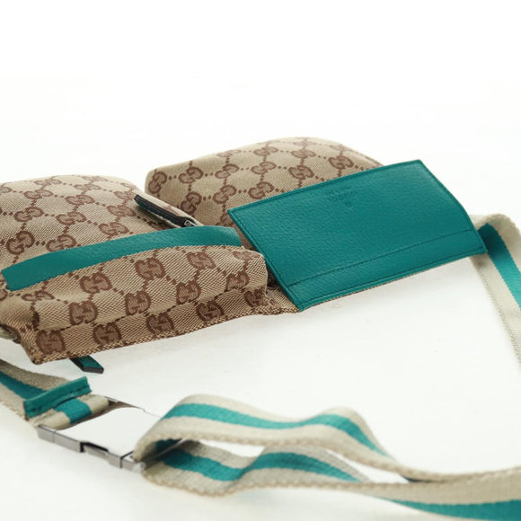 GUCCI GG Canvas Waist Bag Beige Turquoise Blue Silver 28566 Auth ki6279V