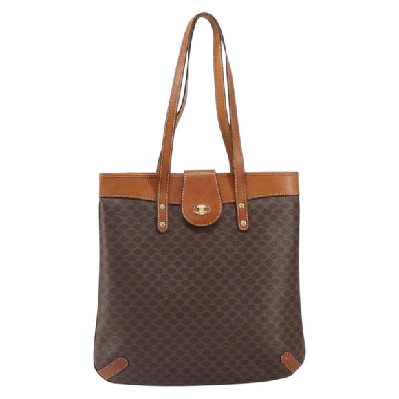 CELINE Macadam Canvas Tote Bag PVC Leather Brown Gold Auth ki6285