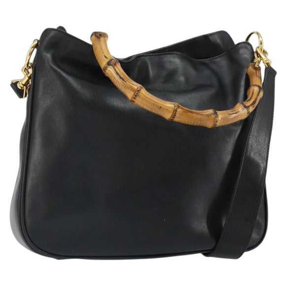 GUCCI Bamboo Shoulder Bag Leather 2way Black Gold 001 2113 1638 Auth ki6316