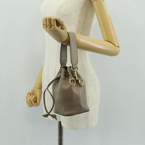 FENDI Hand Bag Leather Gray Gold Auth ki6319