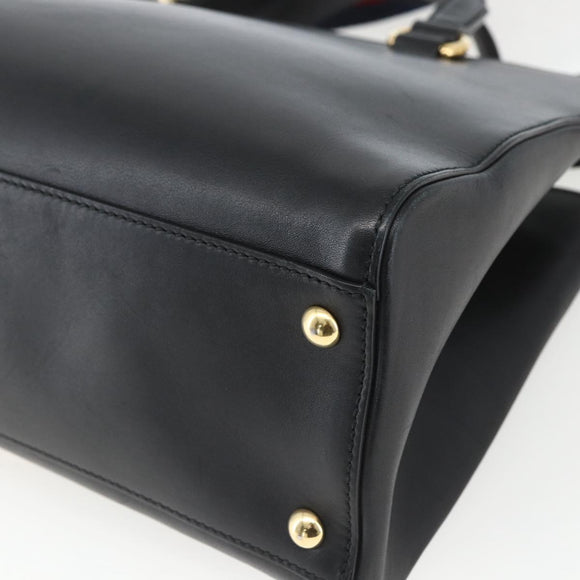 GUCCI Web Sherry Line Silvi Tote Bag Leather 2way Black Gold 453790 Auth ki6344