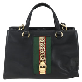GUCCI Web Sherry Line Silvi Tote Bag Leather 2way Black Gold 453790 Auth ki6344 - 0