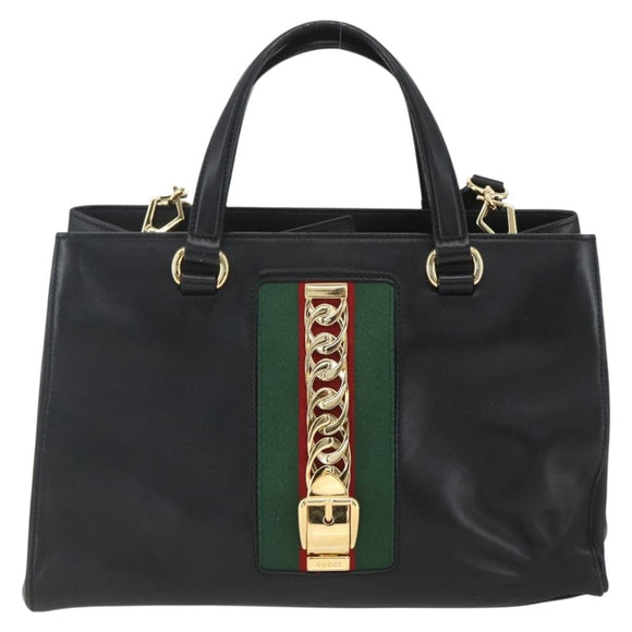 GUCCI Web Sherry Line Silvi Tote Bag Leather 2way Black Gold 453790 Auth ki6344