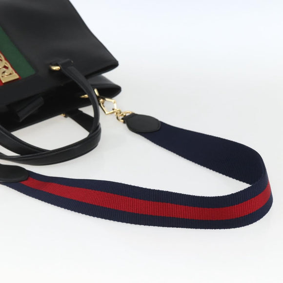 GUCCI Web Sherry Line Silvi Tote Bag Leather 2way Black Gold 453790 Auth ki6344