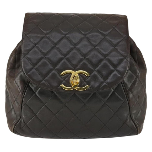 CHANEL Matelasse Backpack Lamb Skin Dark Brown Gold CC Auth ki6346