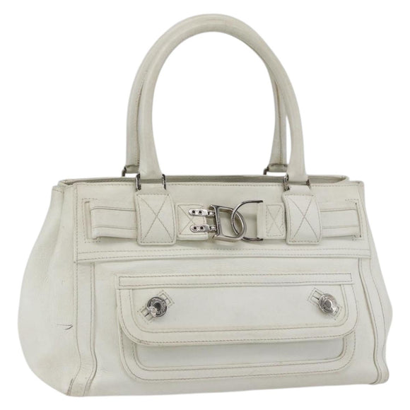 Christian Dior Hand Bag Leather White Silver Auth ki6385