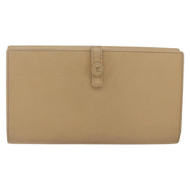 CHANEL COCO Button Long Wallet Leather Beige Gold CC Auth ki6407 - 0