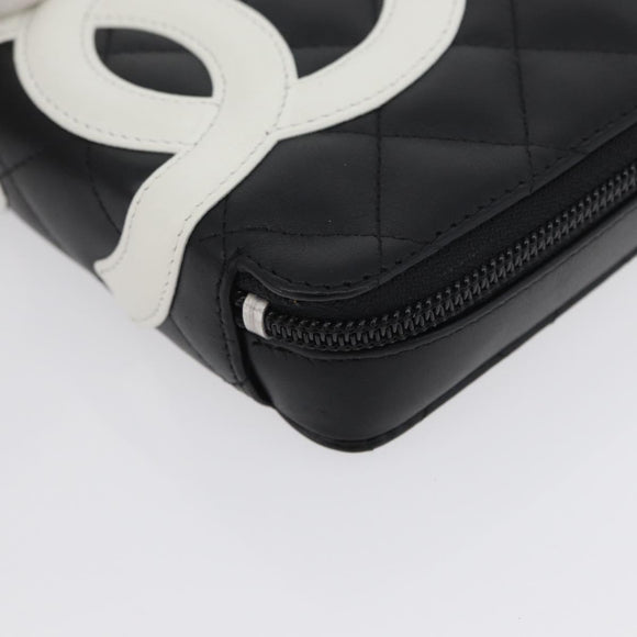 CHANEL Cambon Line Pouch Leather Black Silver CC Auth ki6426M