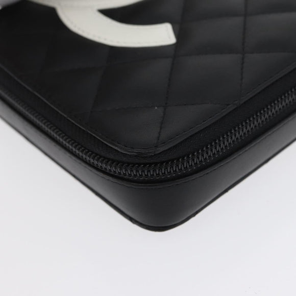 CHANEL Cambon Line Pouch Leather Black Silver CC Auth ki6426M