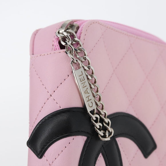 CHANEL Cambon Line Pouch Leather Pink Silver CC Auth ki6427M