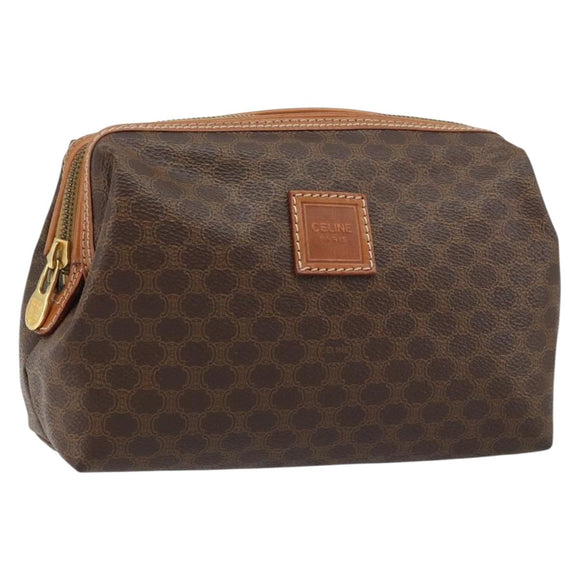 CELINE Macadam Canvas Pouch PVC Leather Brown Gold Auth ki6463