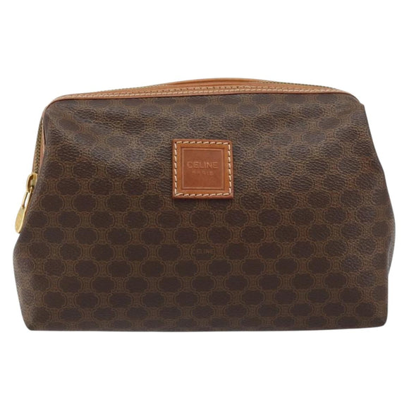 CELINE Macadam Canvas Pouch PVC Leather Brown Gold Auth ki6463