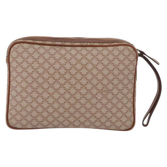 CELINE Macadam Canvas Clutch Bag PVC Leather Beige Gold Auth ki6467