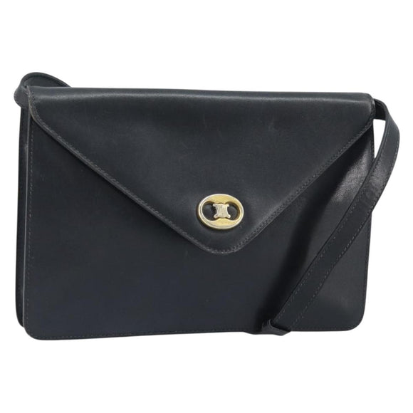 CELINE Shoulder Bag Leather Black Gold Auth ki6485
