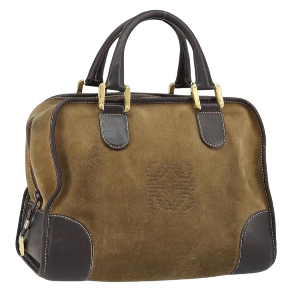 LOEWE Anagram Boston Bag Suede Leather Brown Gold Auth ki6491