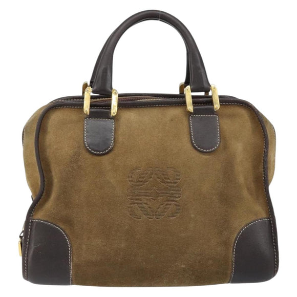 LOEWE Anagram Boston Bag Suede Leather Brown Gold Auth ki6491