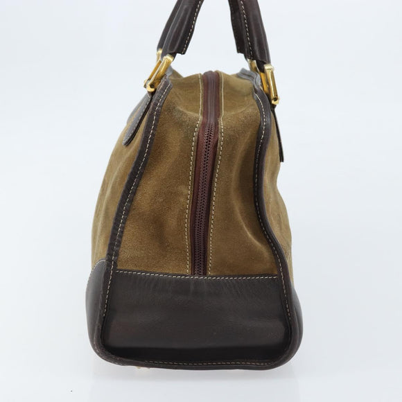 LOEWE Anagram Boston Bag Suede Leather Brown Gold Auth ki6491