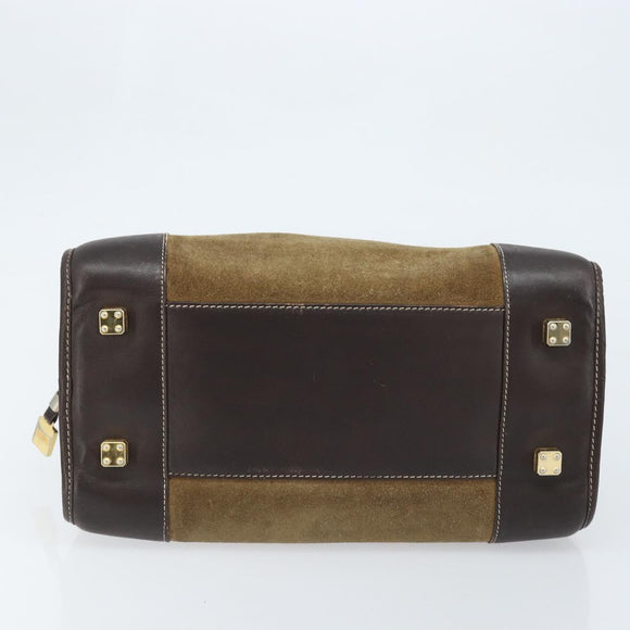 LOEWE Anagram Boston Bag Suede Leather Brown Gold Auth ki6491