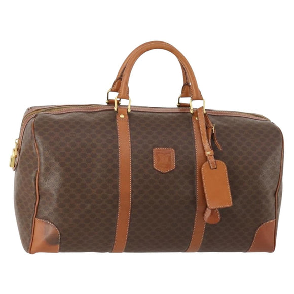 CELINE Macadam Canvas Boston Bag PVC Leather Brown Gold Auth ki6500