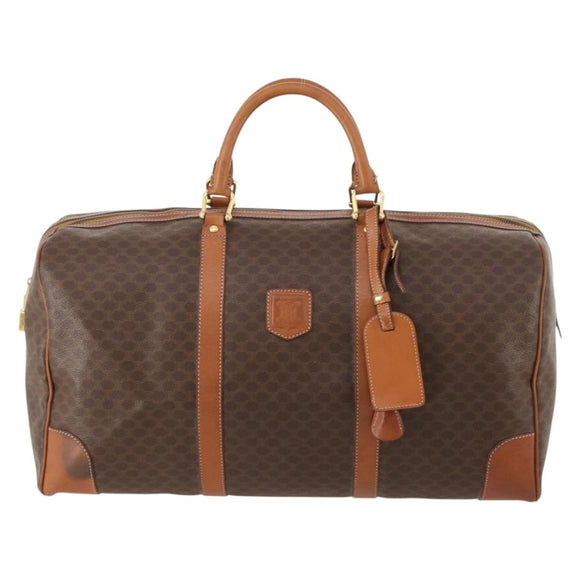 CELINE Macadam Canvas Boston Bag PVC Leather Brown Gold Auth ki6500