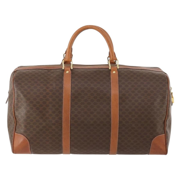CELINE Macadam Canvas Boston Bag PVC Leather Brown Gold Auth ki6500