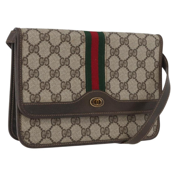 GUCCI Web Sherry Line GG Supreme Shoulder Bag PVC Beige Gold Auth ki6502
