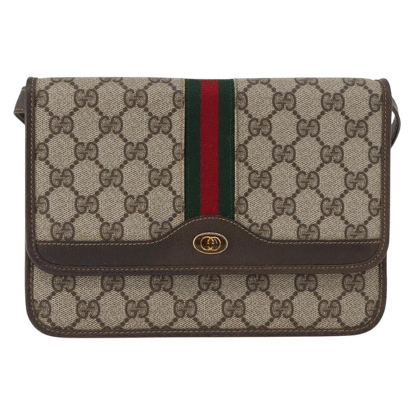 GUCCI Web Sherry Line GG Supreme Shoulder Bag PVC Beige Gold Auth ki6502