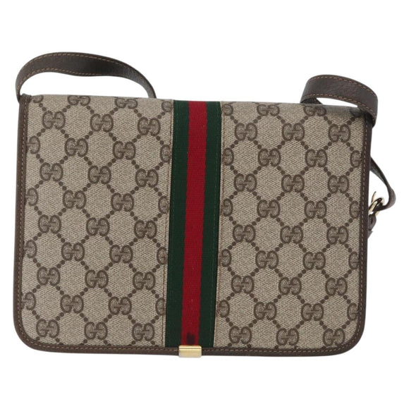 GUCCI Web Sherry Line GG Supreme Shoulder Bag PVC Beige Gold Auth ki6502