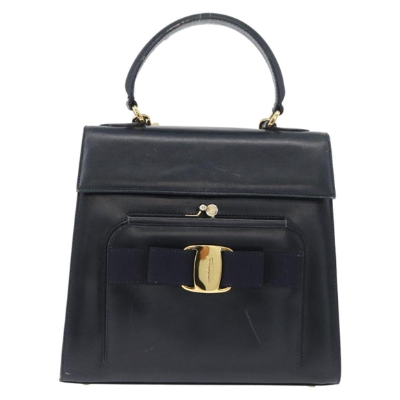Salvatore Ferragamo Hand Bag Leather 2way Navy Gold Auth ki6504