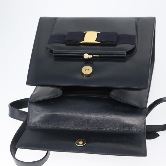 Salvatore Ferragamo Hand Bag Leather 2way Navy Gold Auth ki6504