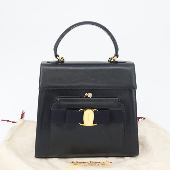 Salvatore Ferragamo Hand Bag Leather 2way Navy Gold Auth ki6504