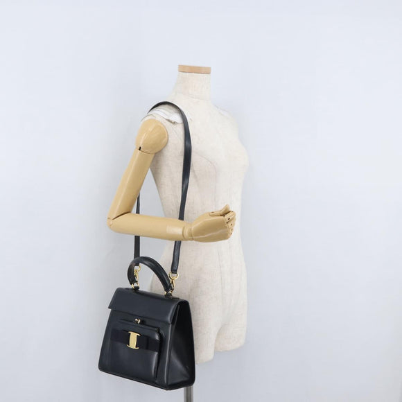 Salvatore Ferragamo Hand Bag Leather 2way Navy Gold Auth ki6504