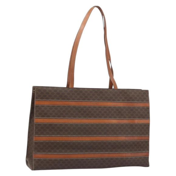 CELINE Macadam Canvas Tote Bag PVC Leather Brown Gold Auth ki6506
