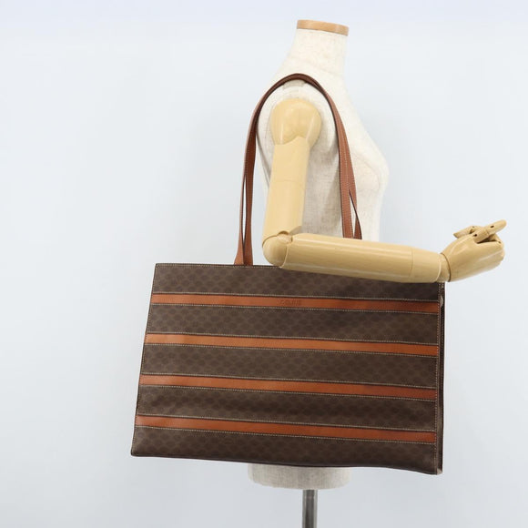 CELINE Macadam Canvas Tote Bag PVC Leather Brown Gold Auth ki6506