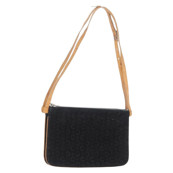 CELINE C Macadam Canvas Shoulder Bag Suede Leather Black Silver Auth ki6507