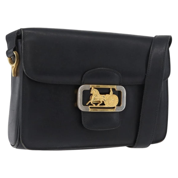 CELINE Horse Carriage Shoulder Bag Leather Black Gold Auth ki6513
