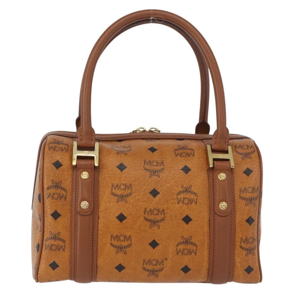 MCM Vicetos Mini Logogram Boston Bag PVC Leather Brown Gold Auth ki6516