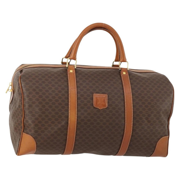 CELINE Macadam Canvas Boston Bag PVC Leather Brown Gold Auth ki6517