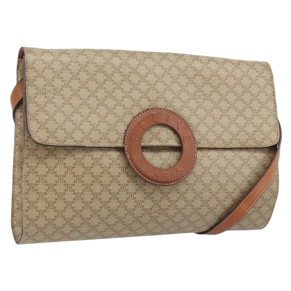 CELINE Macadam Canvas Circle Logo Bag PVC Leather Beige Gold Auth ki6527