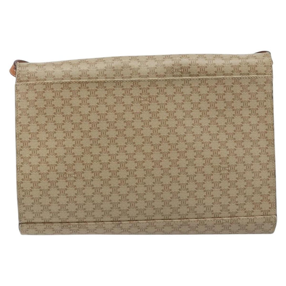 CELINE Macadam Canvas Circle Logo Bag PVC Leather Beige Gold Auth ki6527