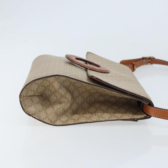 CELINE Macadam Canvas Circle Logo Bag PVC Leather Beige Gold Auth ki6527
