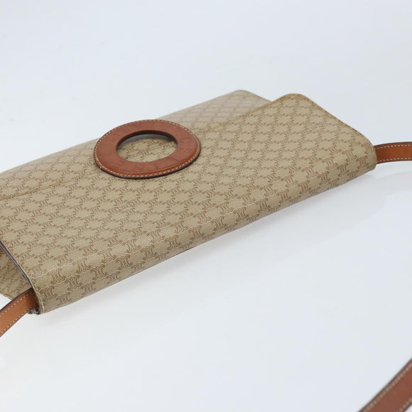 CELINE Macadam Canvas Circle Logo Bag PVC Leather Beige Gold Auth ki6527
