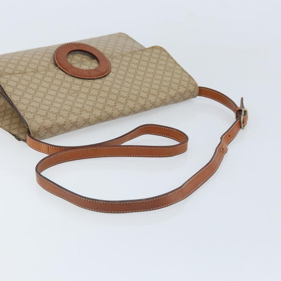CELINE Macadam Canvas Circle Logo Bag PVC Leather Beige Gold Auth ki6527