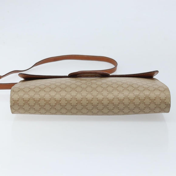 CELINE Macadam Canvas Circle Logo Bag PVC Leather Beige Gold Auth ki6527