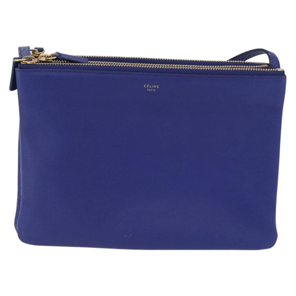 CELINE Trio Large Shoulder Bag Leather Blue Gold Auth ki6538