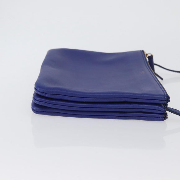 CELINE Trio Large Shoulder Bag Leather Blue Gold Auth ki6538