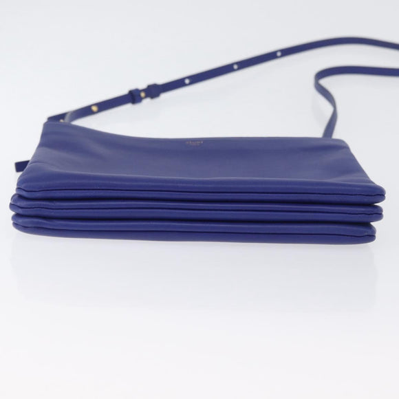 CELINE Trio Large Shoulder Bag Leather Blue Gold Auth ki6538