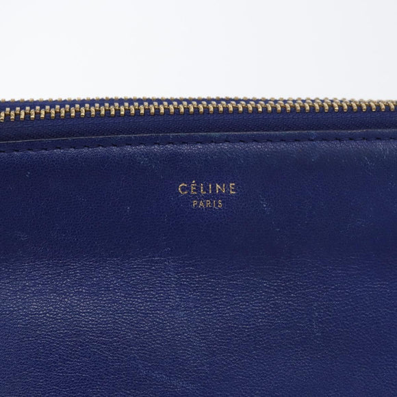 CELINE Trio Large Shoulder Bag Leather Blue Gold Auth ki6539