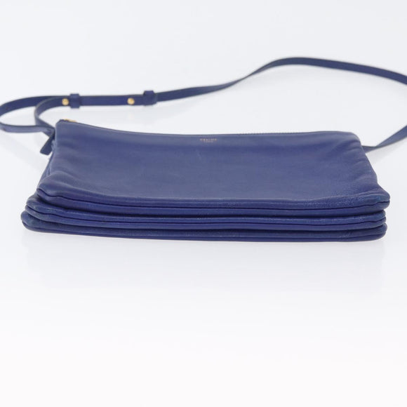 CELINE Trio Large Shoulder Bag Leather Blue Gold Auth ki6539