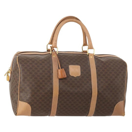 CELINE Macadam Canvas Boston Bag PVC Leather Brown Gold Auth ki6541